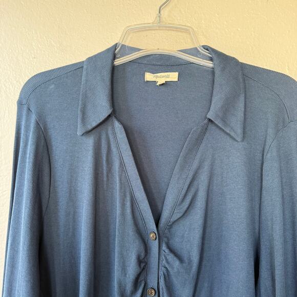 Madewell Navy Blue stretchy Ribbed Ruched Buttondown size 2X - Picture 3 of 11